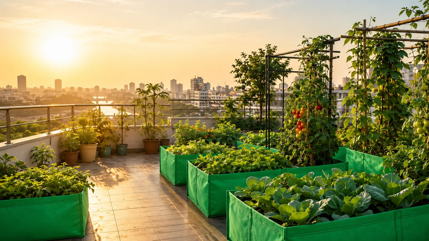 Lush rooftop organic vegetable garden in an urban setting