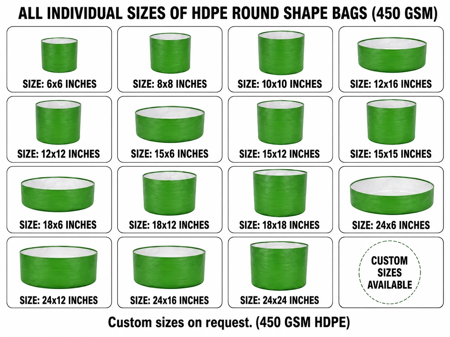 Round HDPE grow bags in multiple sizes