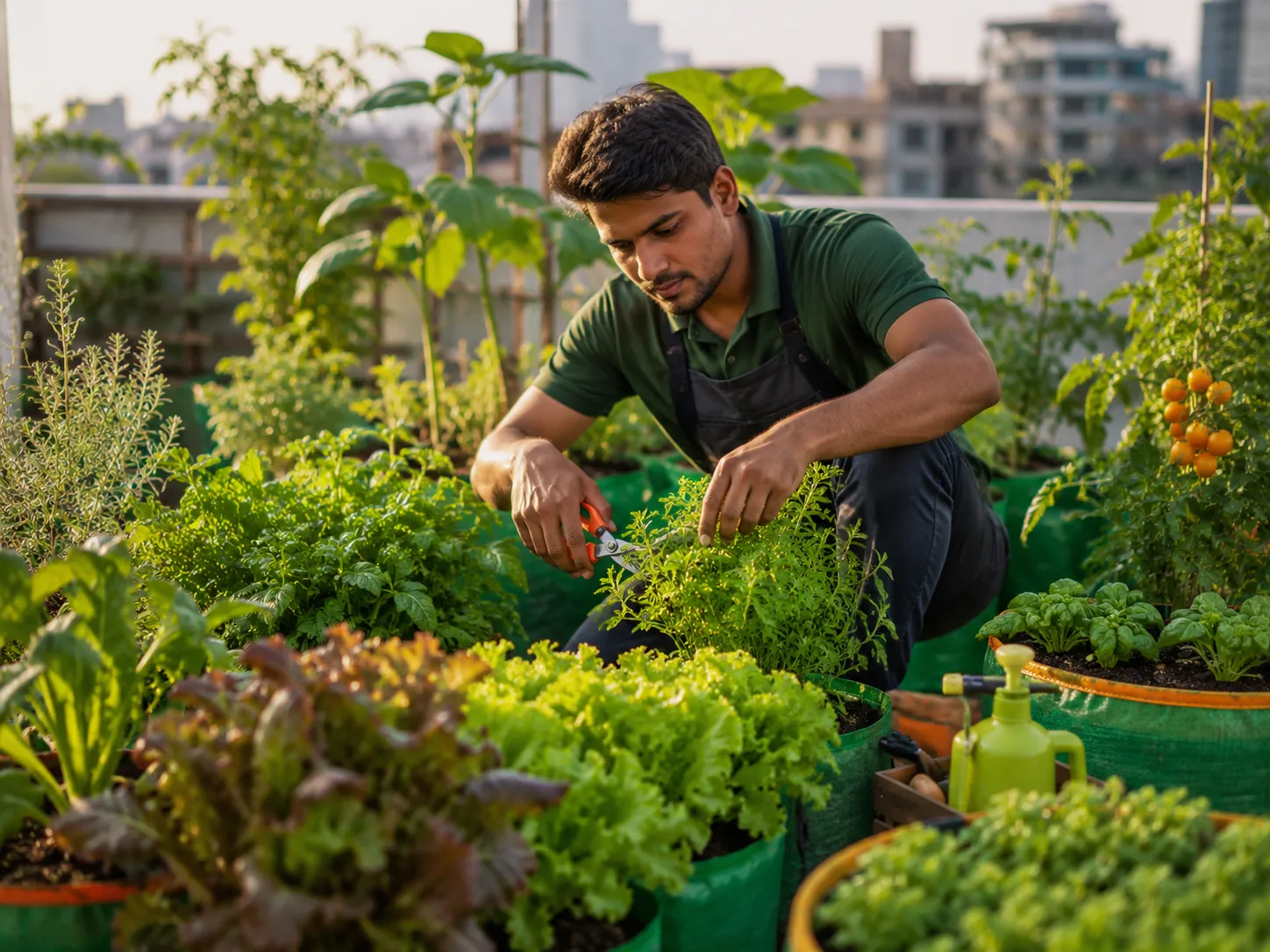 Gardener maintaining healthy rooftop plants