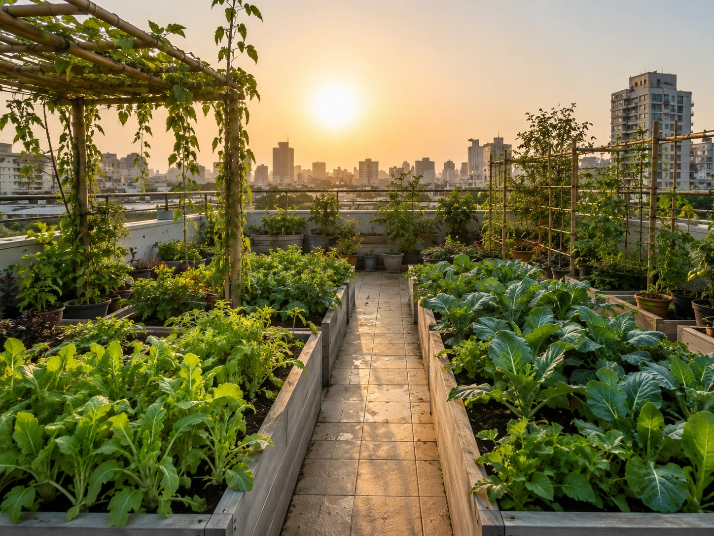 Green rooftop vegetable garden in an urban setting