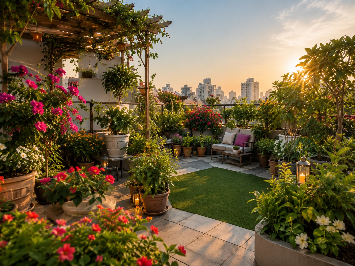 Decorative flowering terrace garden